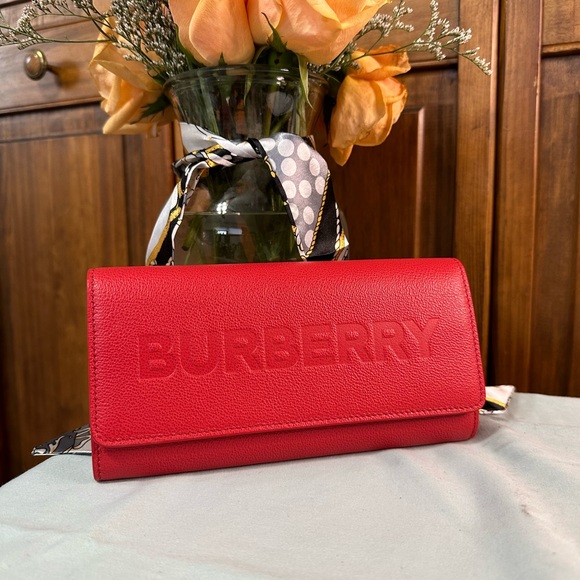 Burberry Handbags - BURBERRY PORTER RED LOGO EMBOSSED LEATHER FLAP CONTINENTAL CLUTCH WALLET NWT